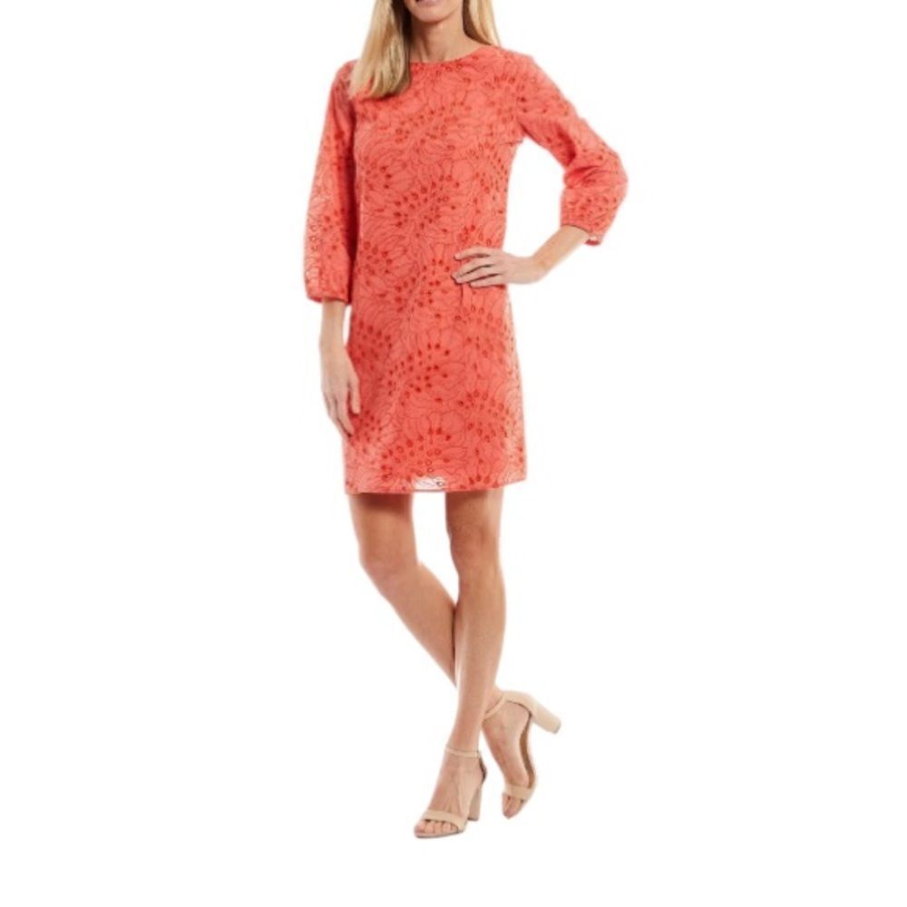 Preston & York Joanne Embroidered Evelet 3/4 Sleeve Coral Sheath Dress